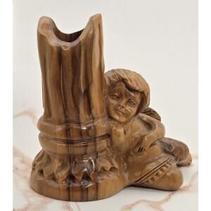Fatima Holy Land Olive Wood Angel Cherub Leaning On Column Candle Holder
